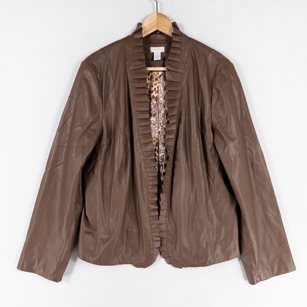 Chico's Jacket Womens Sz 2 US Large Brown Faux Vegan Leather Open Front Ruffles